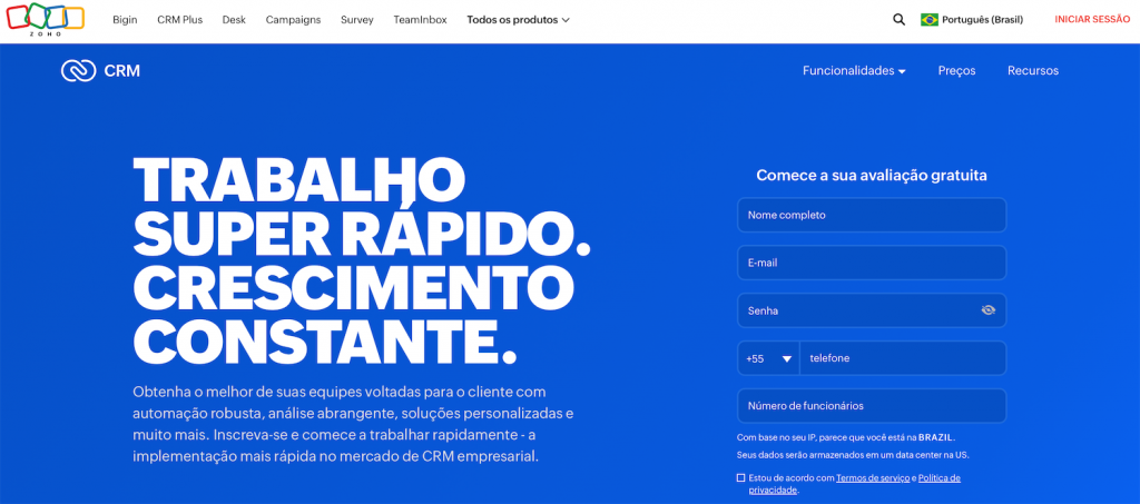 página inicial do zoho crm