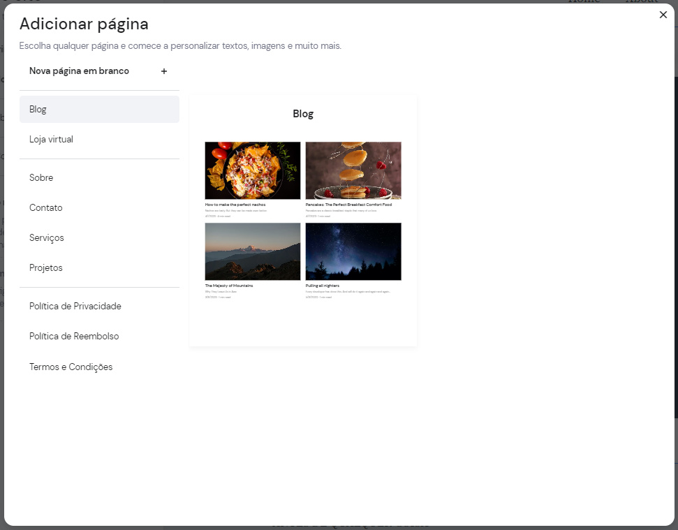 opção de adicionar página de blog no criador de sites da hostinger