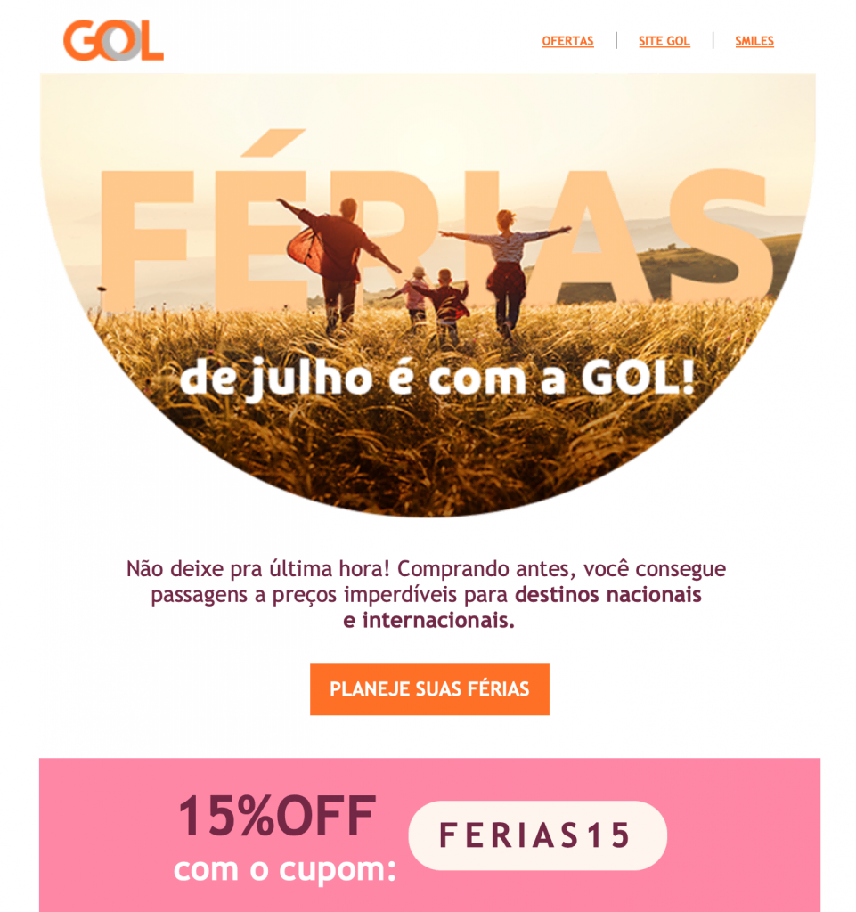 email promocional da gol com promoções de passagens para férias