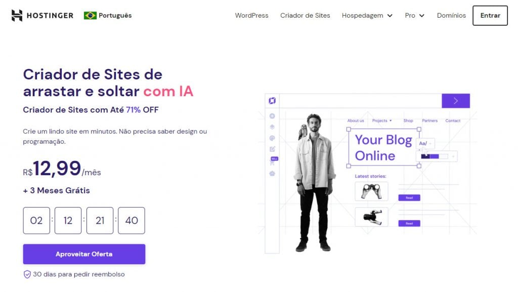 landing page do criador de sites com ia da hostinger