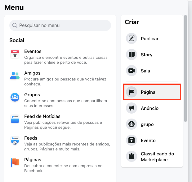 criando página no Facebook
