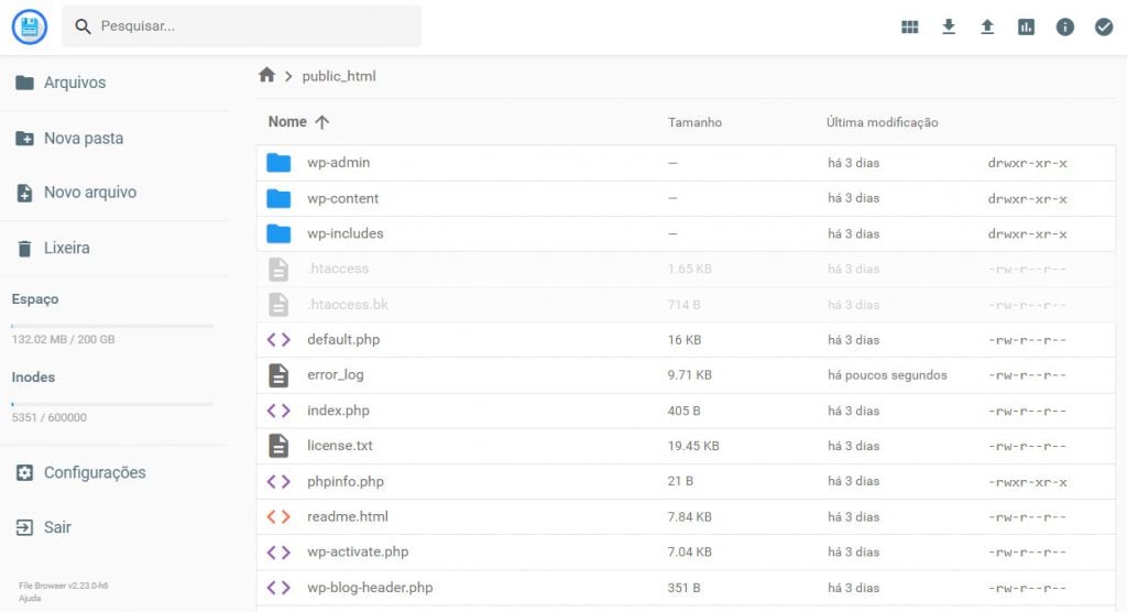 gerenciador de arquivos da hostinger com arquivos do wordpress em destaque