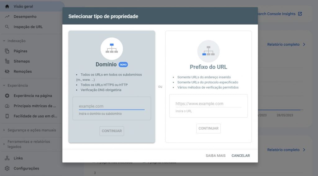 tela de seleção do tipo de propriedade no google search console