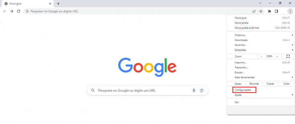 Menu de configurações no Google Chrome