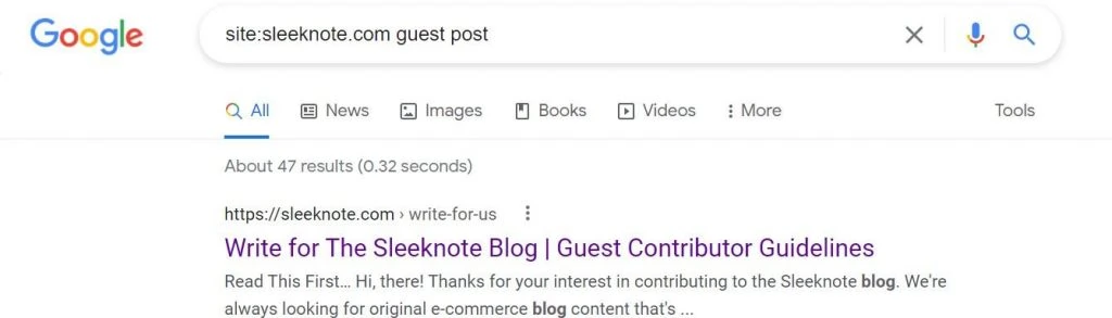 pesquisa pelo nome do site e pelo termo guest post no google