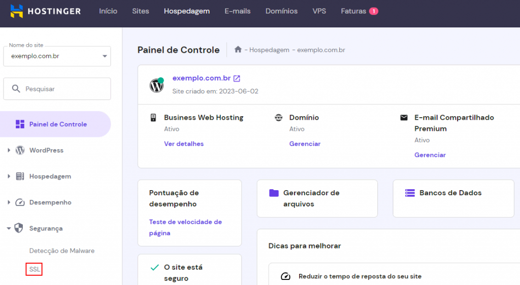 Seção SSL do hPanel