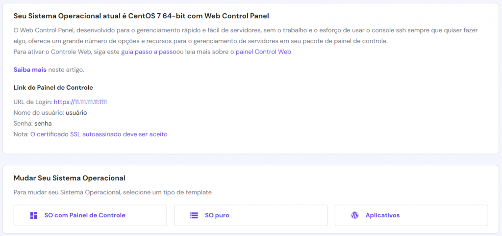 Menu de seleção de sistema operacional do hPanel