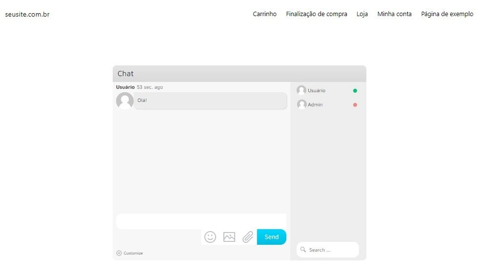 Captura de tela da página inicial do site exemplo com a janela de chat exibida ao centro