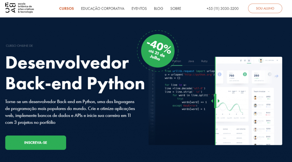 página do curso de programação Desenvolvedor Back-end Python da EBAC