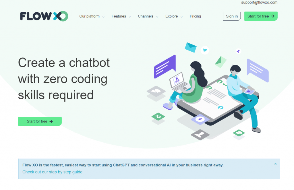 página da ferramenta de chatbot flow xo