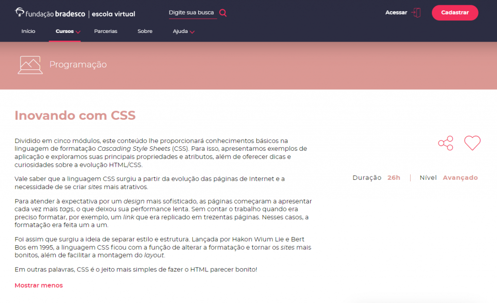 página do curso Inovando com CSS da Fundação Bradesco
