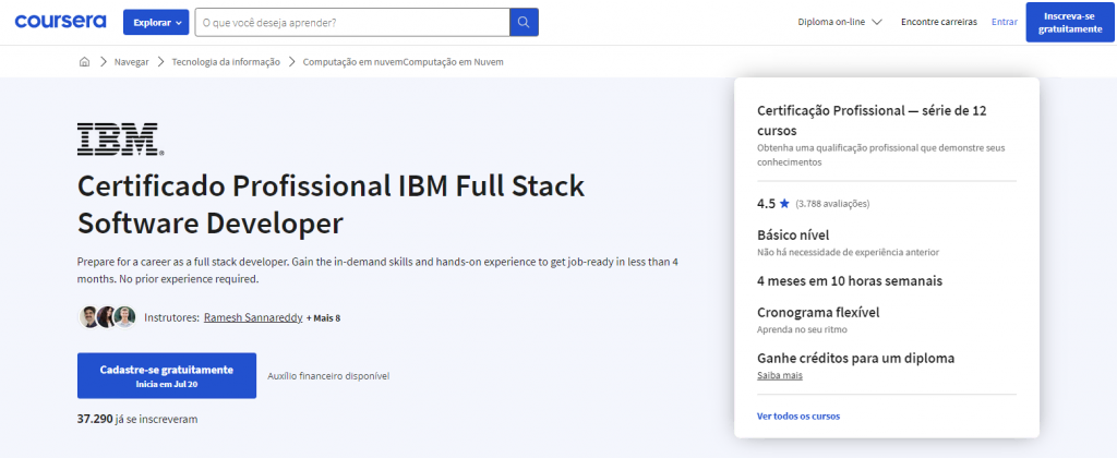 página do curso Certificado Profissional IBM Full Stack Software Developer