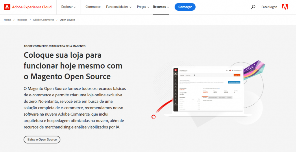 homepage do criador de sites magento