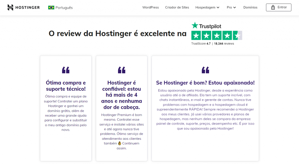 página de reviews da hostinger com exemplo de copywriting focado em prova social