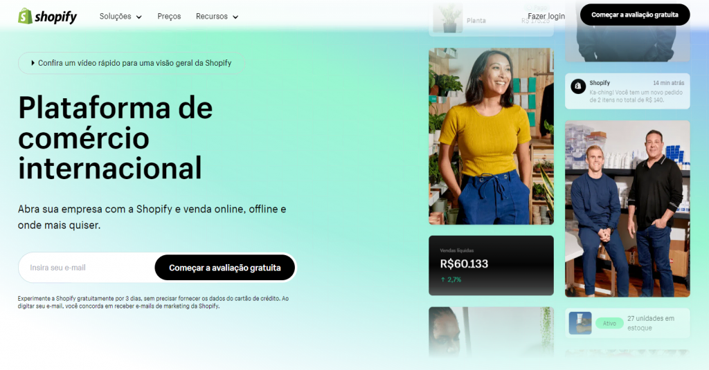 página inicial do site de vendas da Shopify