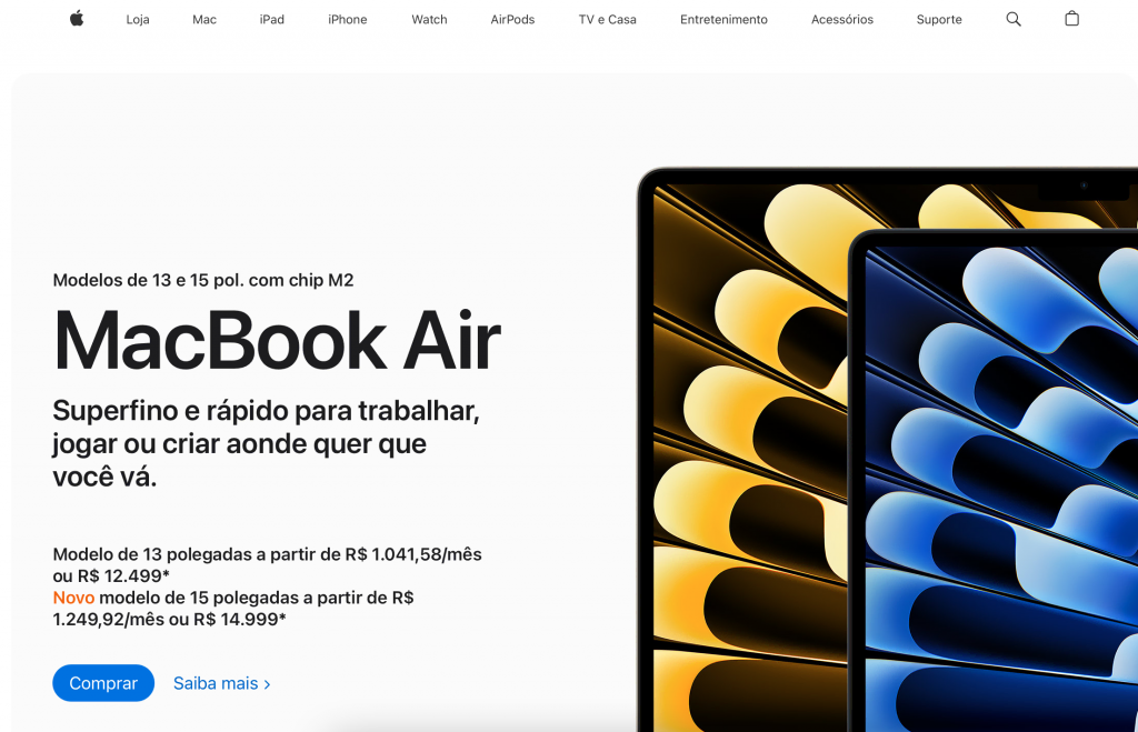 página de vendas da apple sobre o macbook air