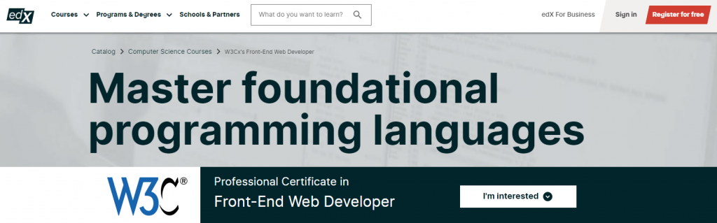 página do curso de programador Certificado Profissional em Desenvolvimento Front-End da W3Cx