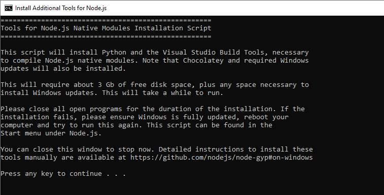 CMD para instalação de ferramentas adicionais do Node.js no Windows