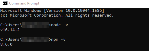 CMD com a versão do Node.js no Windows