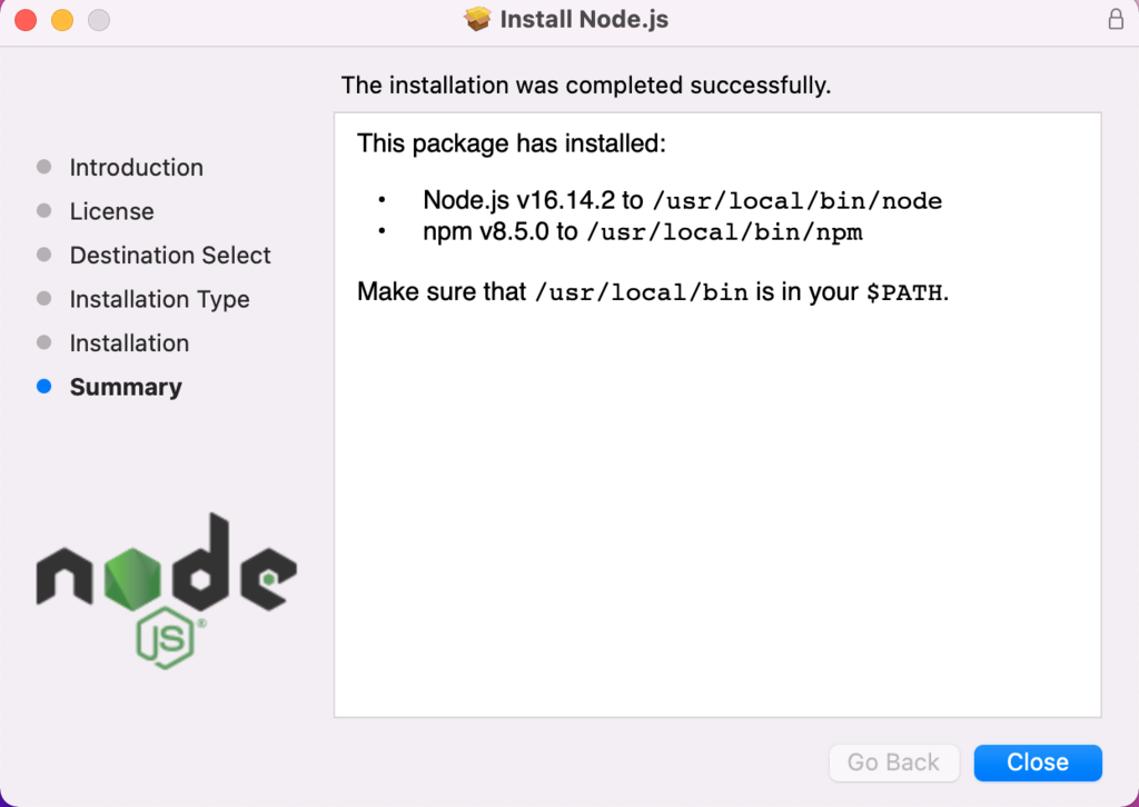Tela final de instalação do Node.js no macOS