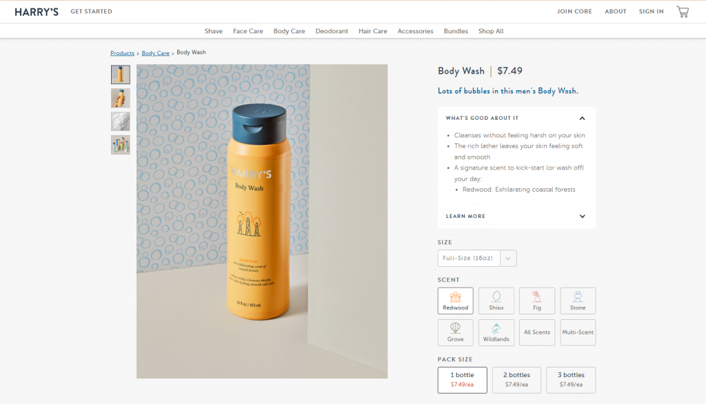 Página de venda de um body spray no site da Harry's