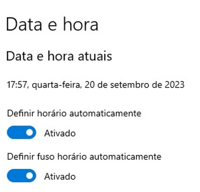 Menu Data e hora do Windows com as opções Definir horário automaticamente e Definir fuso horário automaticamente selecionadas