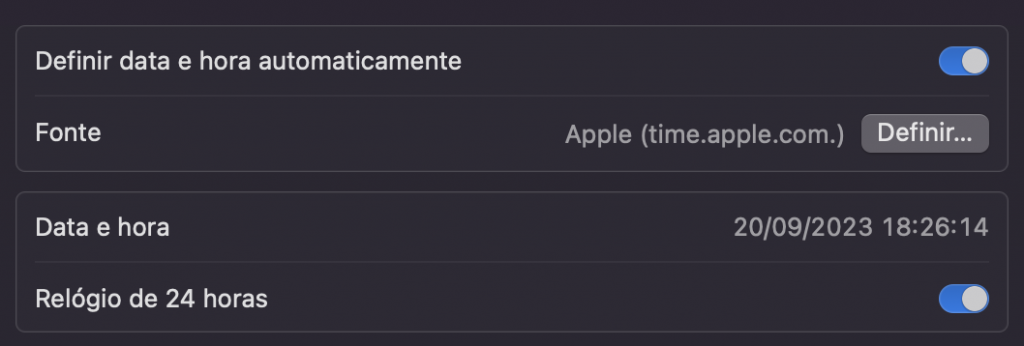Menu Data e Hora no macOS com a opção Definir data e hora automaticamente ativada