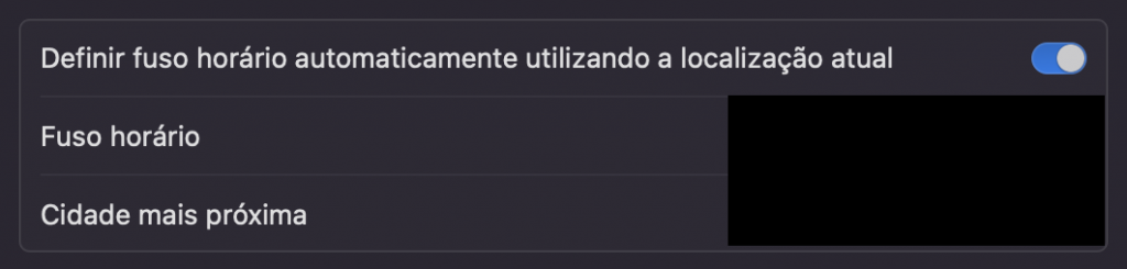 A opção Definir fuso horário automaticamente no macOS ativada