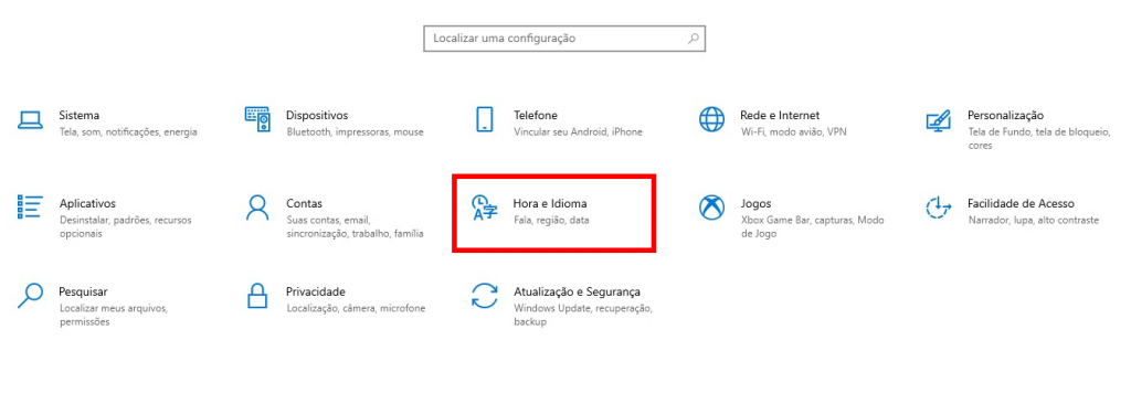 Opção Hora e Idioma destacada no menu de configurações do Windows