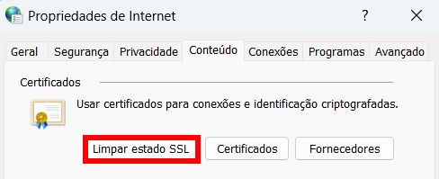 A aba Conteúdo no menu Propriedades da Internet com o botão Limpar estado SSL destacado