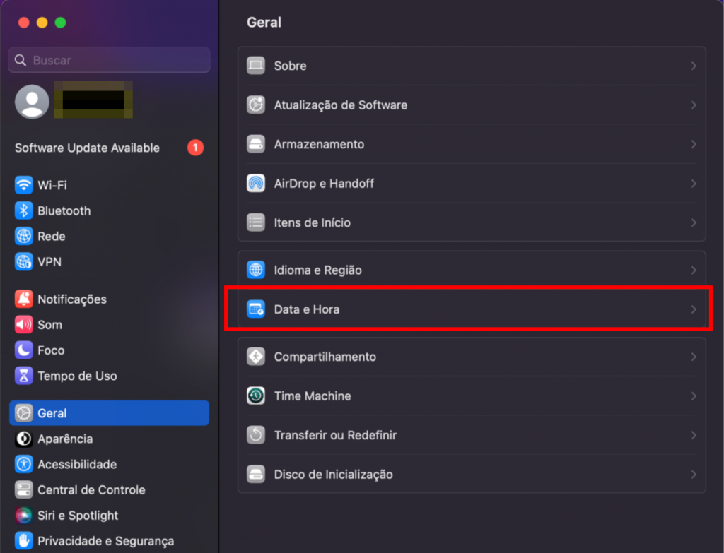 Menu de configurações gerais no macOS, com a opção Data e Hora destacada