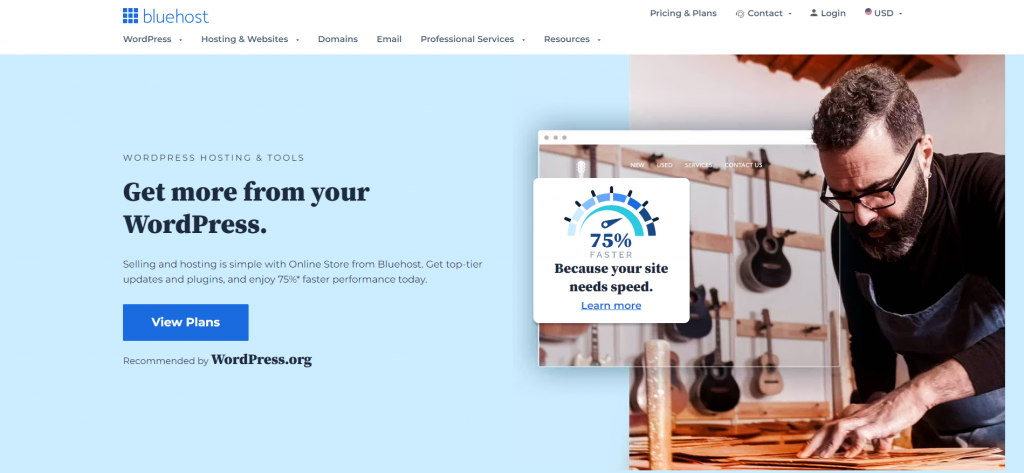 Site oficial da hospedagem WordPress gerenciável Bluehost