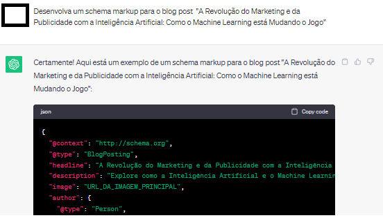 Input no chatgpt: "Desenvolva um schema markup para o blog post  "A Revolução do Marketing e da Publicidade com a Inteligência Artificial: Como o Machine Learning está Mudando o Jogo"". Output com schema markup completo