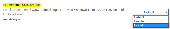 Experimental QUIC protocol nas configurações do Chrome com a opção Disabled destacada