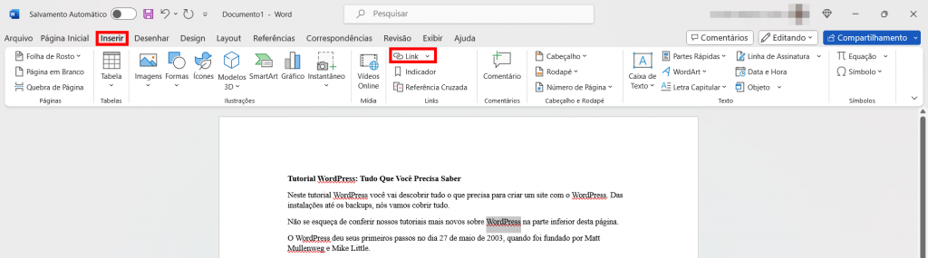 O ícone Link destacado na guia Inserir do Microsoft Word