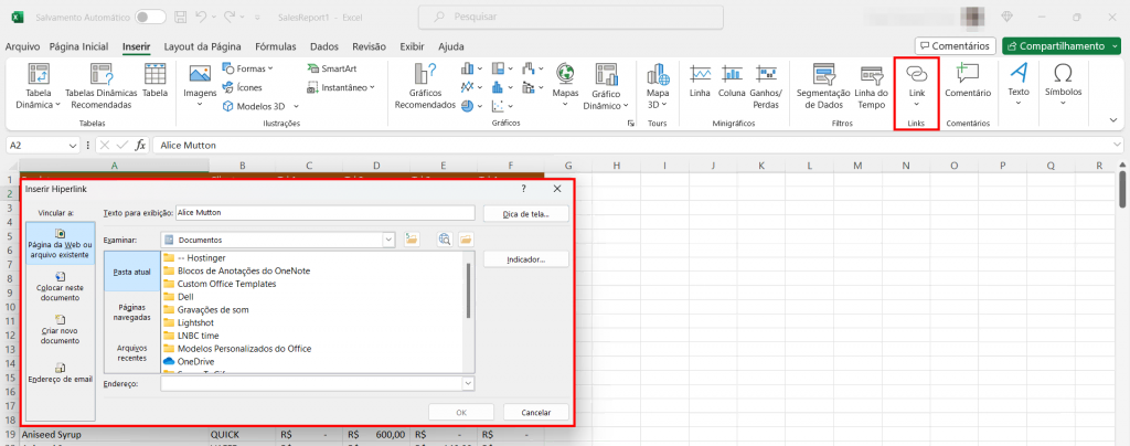 A caixa Inserir hiperlink no Microsoft Excel é destacada