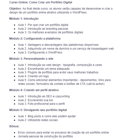 Exemplo de plano de ensino para curso online sobre criação de portfólio digital