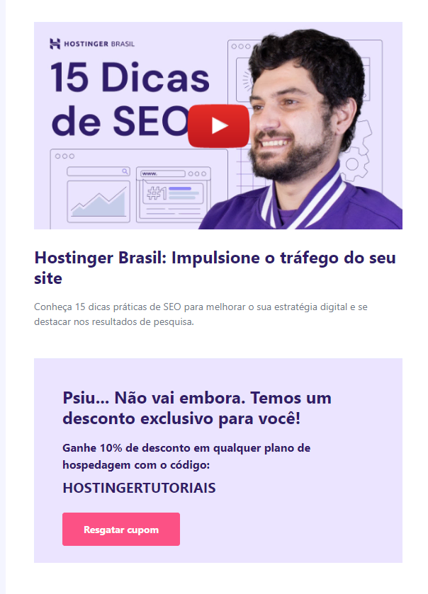 Exemplo de uma newsletter enviada pela Hostinger aos seus clientes