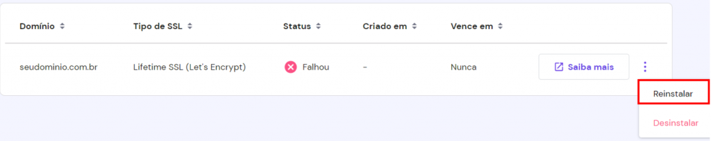 Menu SSL no hPanel com opção Reinstalar destacada 