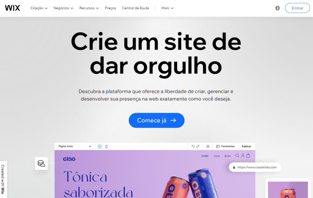 Página inicial do criador de sites Wix