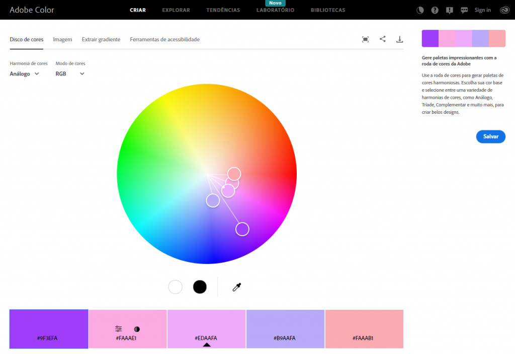 Interface de usuário do Adobe Color