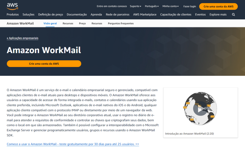 Página em português do provedor de email Amazon WorkMail