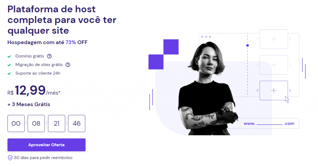 Exemplo de CTA no site da Hostinger, com destaque no botão de aproveitar oferta