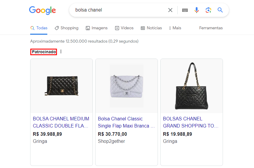Propaganda paga PPC de bolsas da Chanel no Google