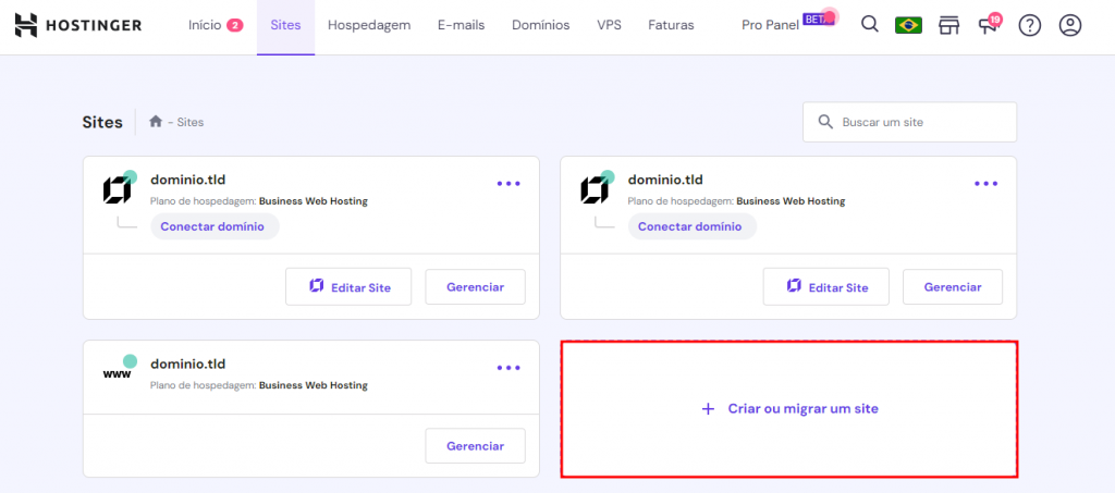 Opções de criar ou migrar um site no hPanel