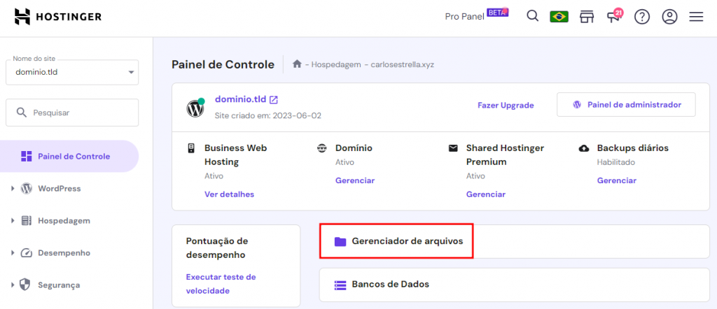 Painel de gestão de hospedagem da Hostinger com o botão do Gerenciador de arquivos em destaque