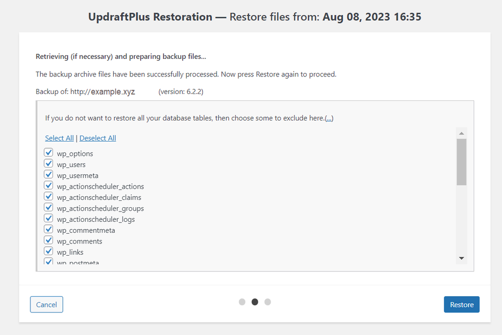 Confirmando restauração de site wordpress pelo plugin UpdraftPlus