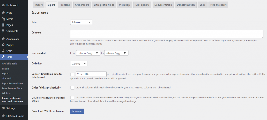 Tela de configuração do plugin Import and Export Users and Customers