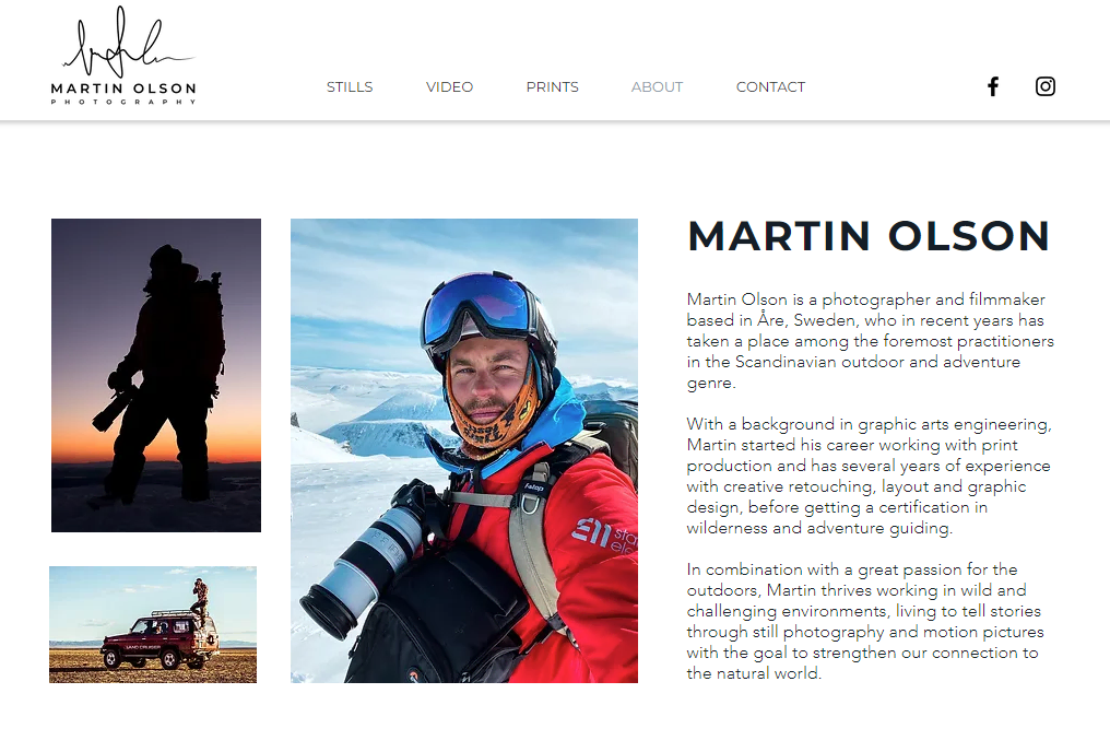 seção bio do site do fotógrafo martin olsen