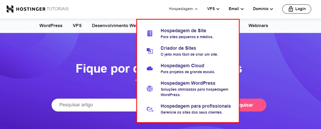 Exemplo de menu suspenso na página de tutoriais da Hostinger